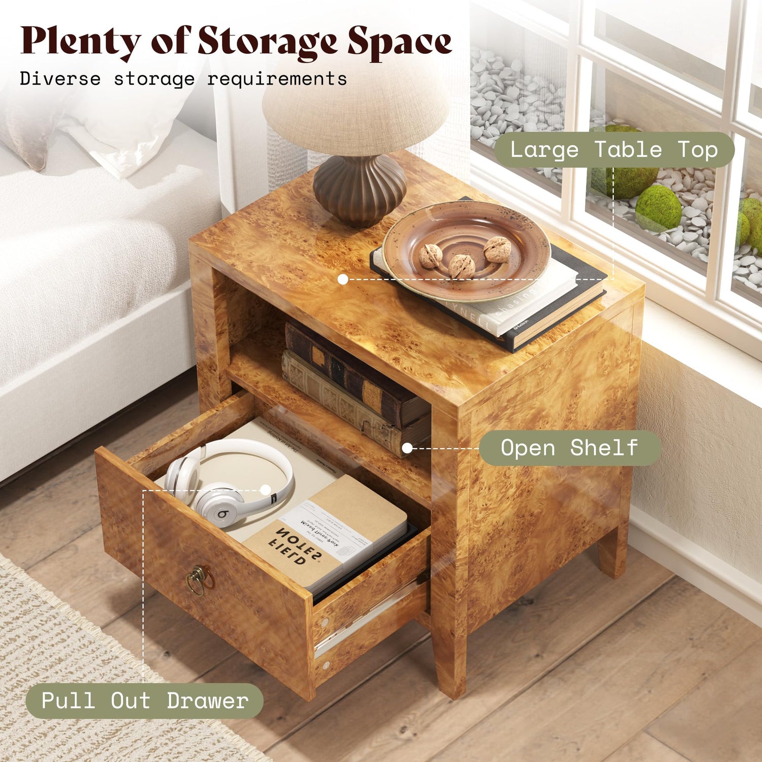 Burl Mid Century Wood Nightstands Amerlife