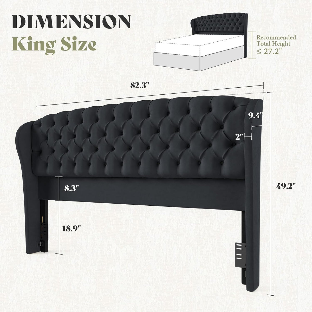 Scallop Wingback Headboard Only Amerlife Black