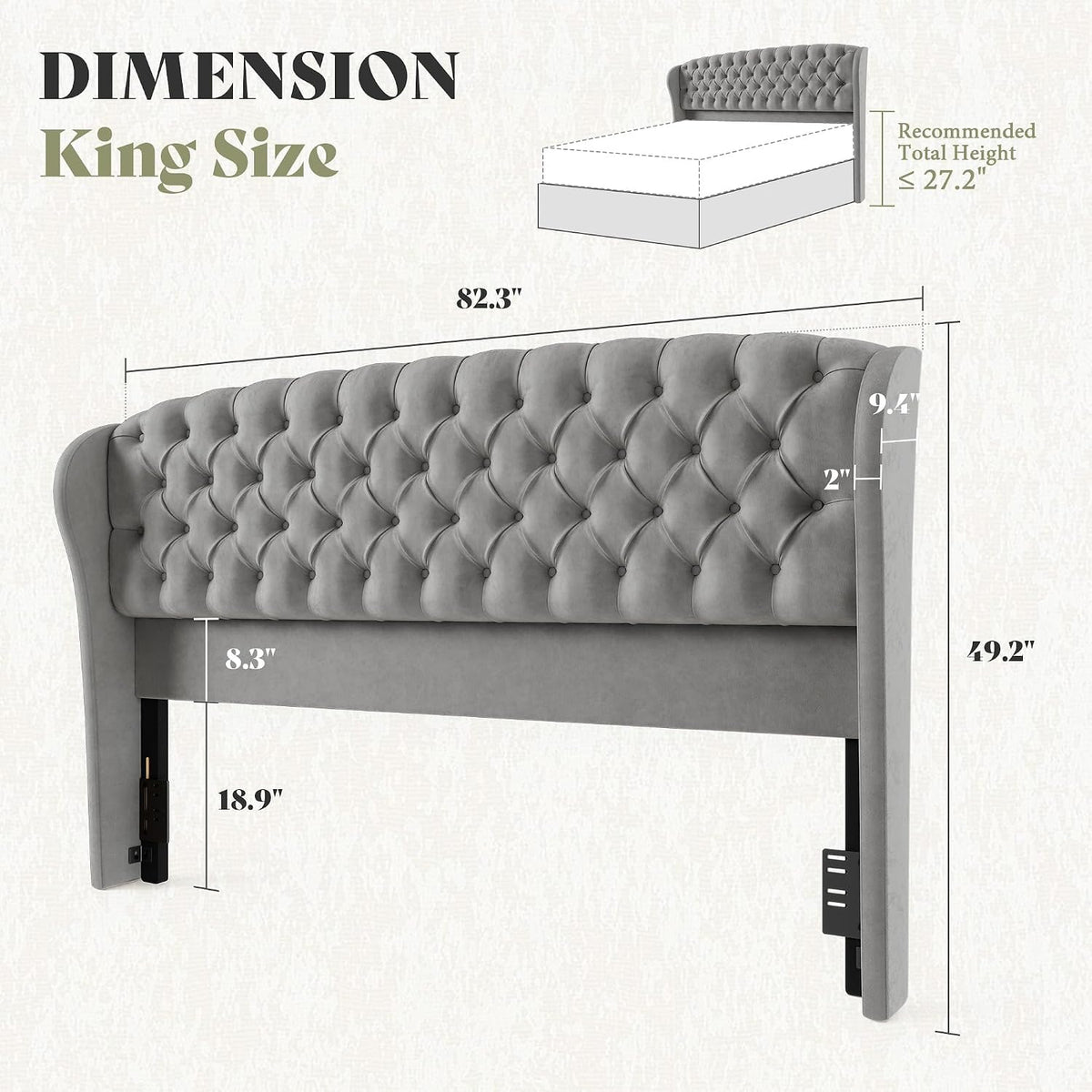 Scallop Wingback Headboard Only Amerlife Grey