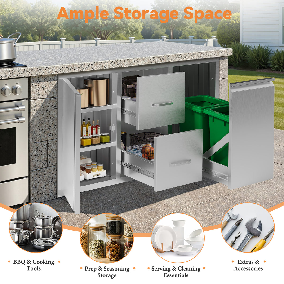 Outdoor Kitchen Access Drawers Amerlife 41.5 In-Double Drawer & Trash Bin&3-Tier Cabinet