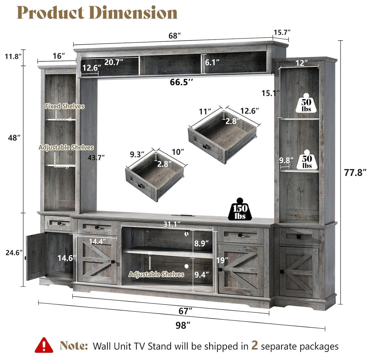 Arrow Farmhouse Wall Unit with Bookshelves Amerlife Grey