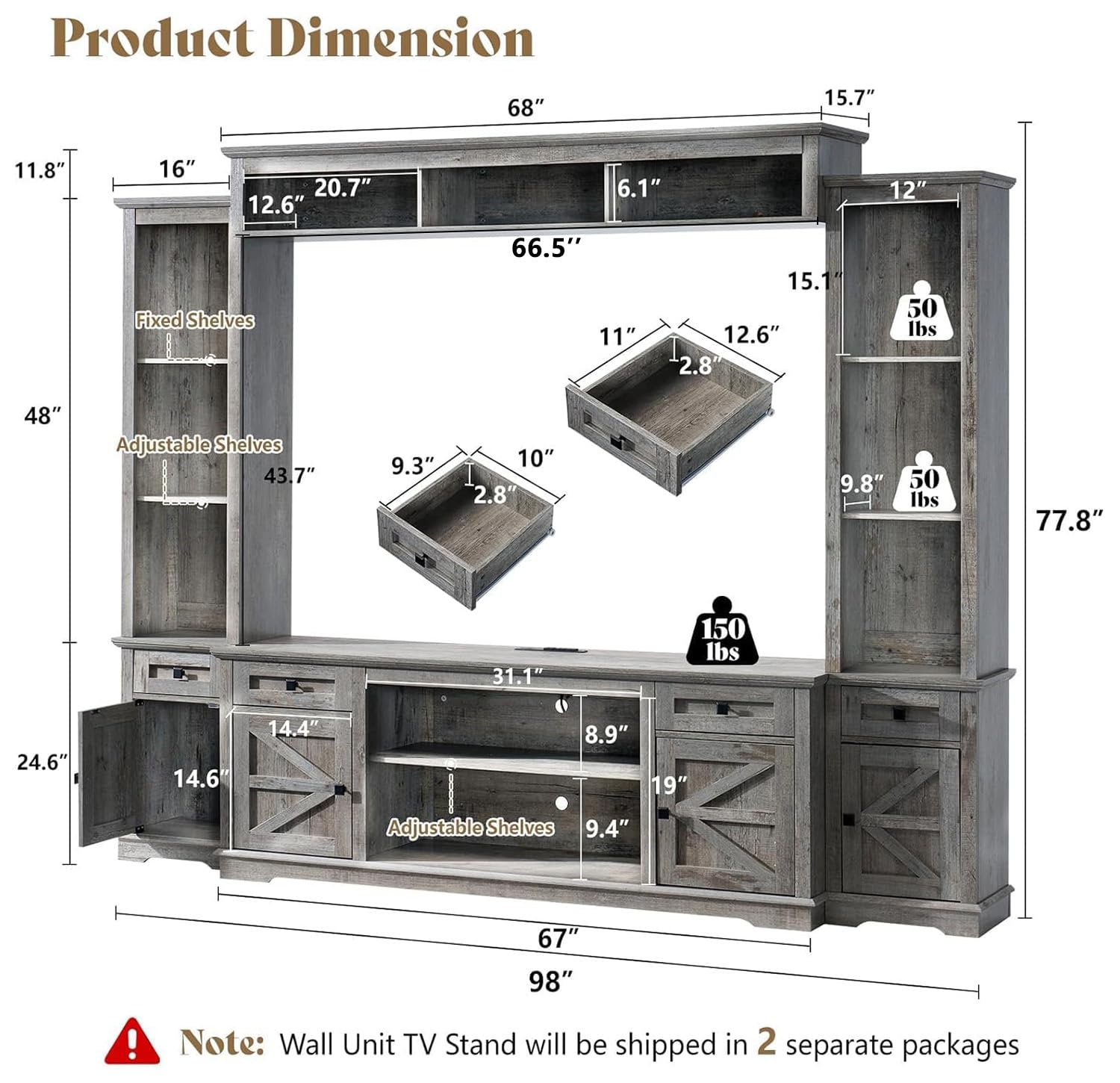 Arrow Farmhouse Wall Unit with Bookshelves Amerlife Grey