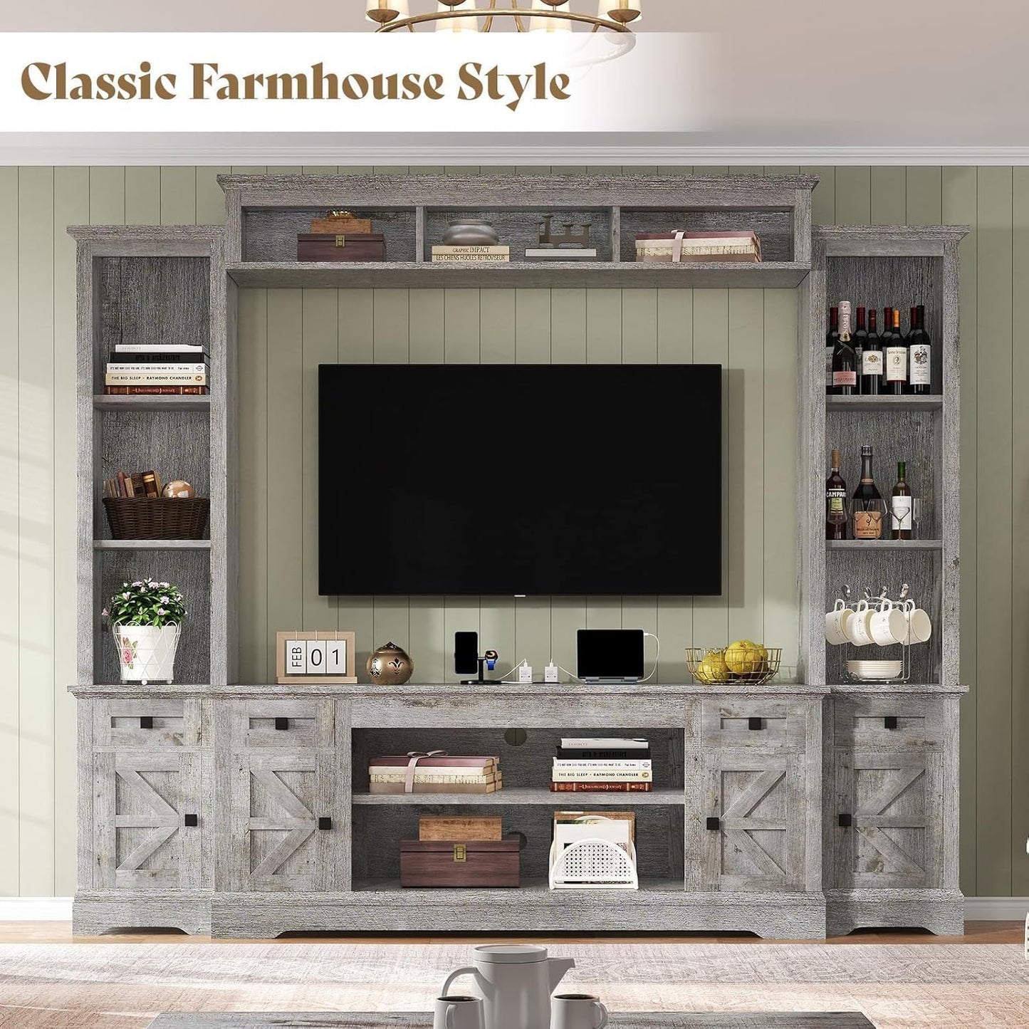 Arrow Farmhouse Wall Unit with Bookshelves Amerlife Grey
