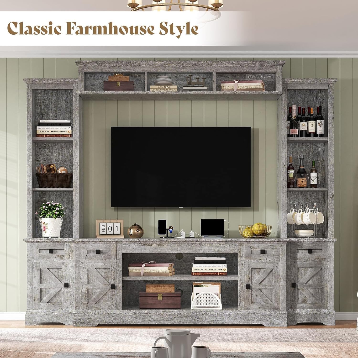 Arrow Farmhouse Wall Unit with Bookshelves Amerlife Grey