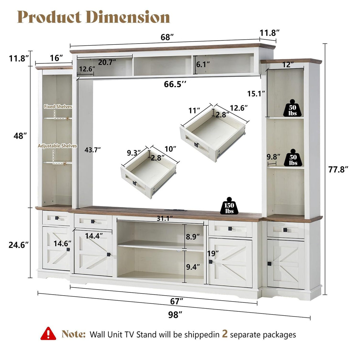 Arrow Farmhouse Wall Unit with Bookshelves Amerlife White