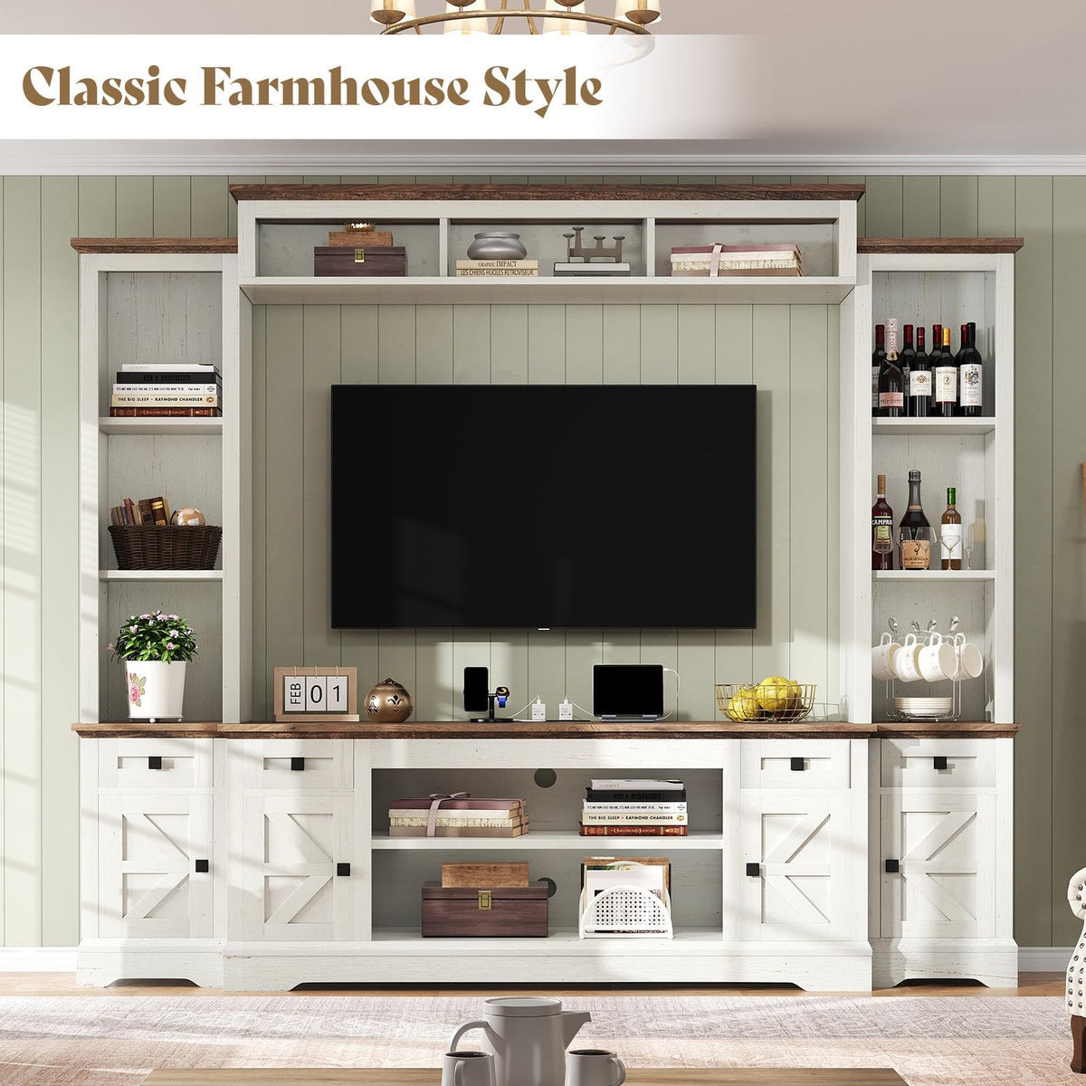 Arrow Farmhouse Wall Unit with Bookshelves Amerlife White