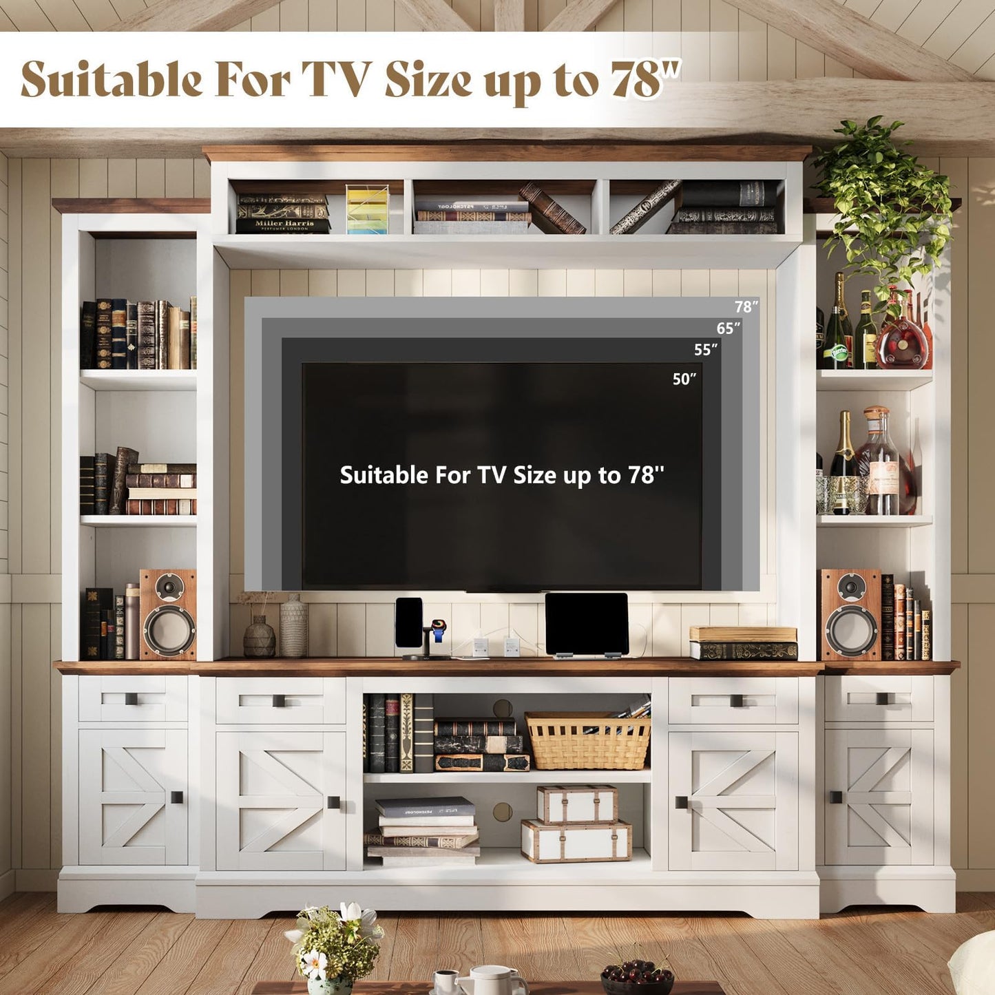 Arrow Farmhouse Wall Unit with Bookshelves Amerlife White