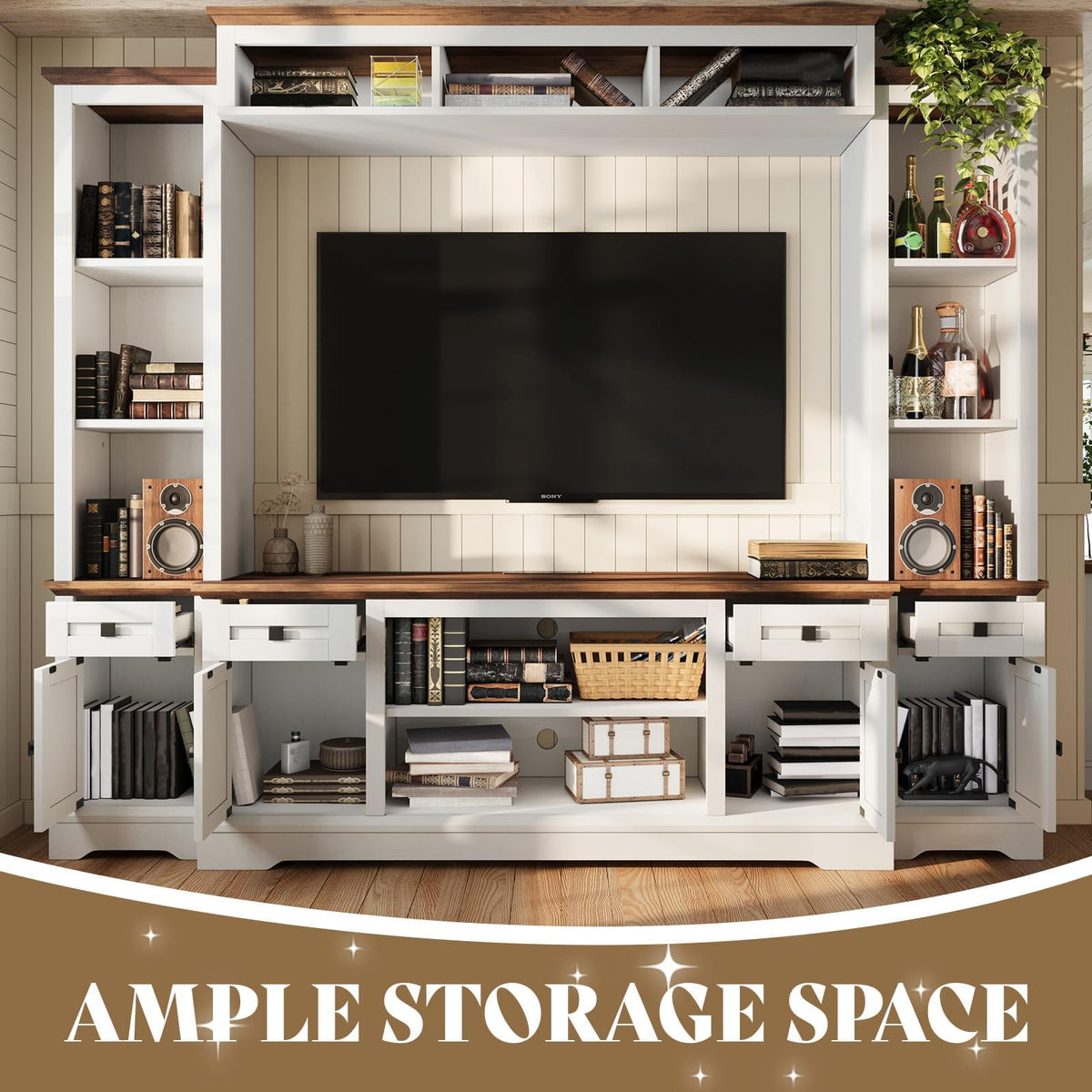 Arrow Farmhouse Wall Unit with Bookshelves Amerlife White