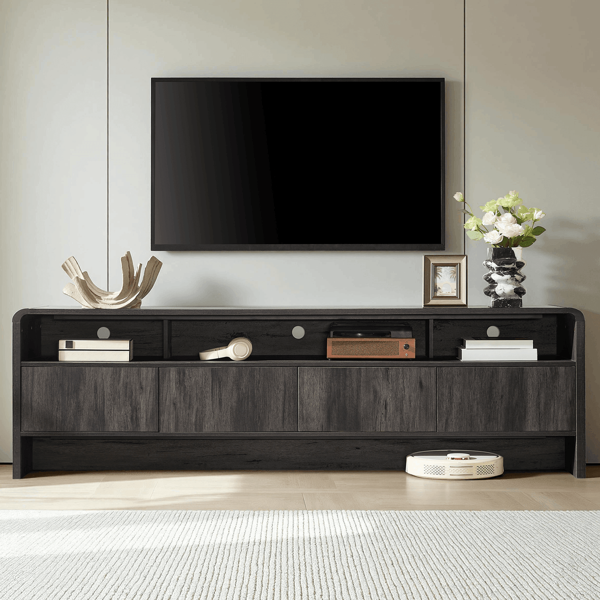 Flat Wood Curved TV Stand-BLACK
