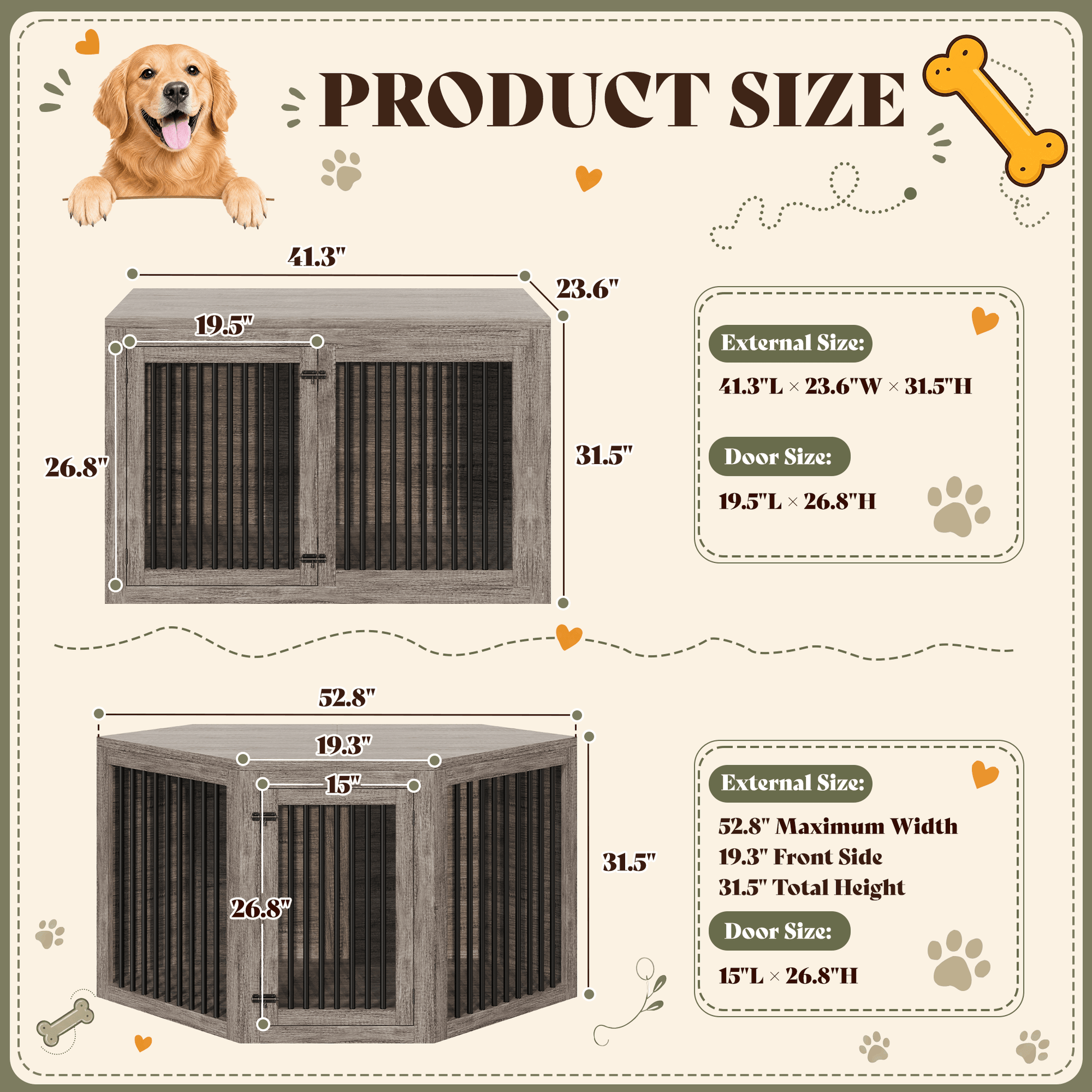 Quadro 3-in-1 Corner Dog Crate Amerlife Left (41") / Rustic Gray
