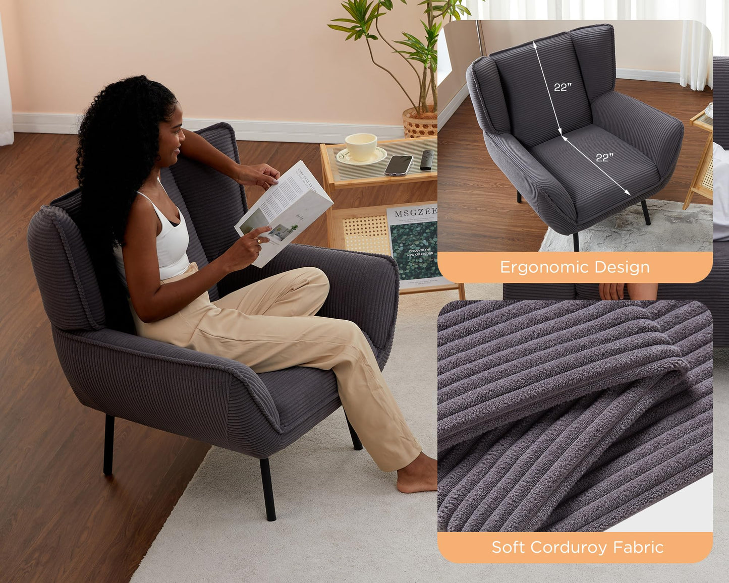 Accent Wingback Corduroy Chair Amerlife set of 2 / Grey