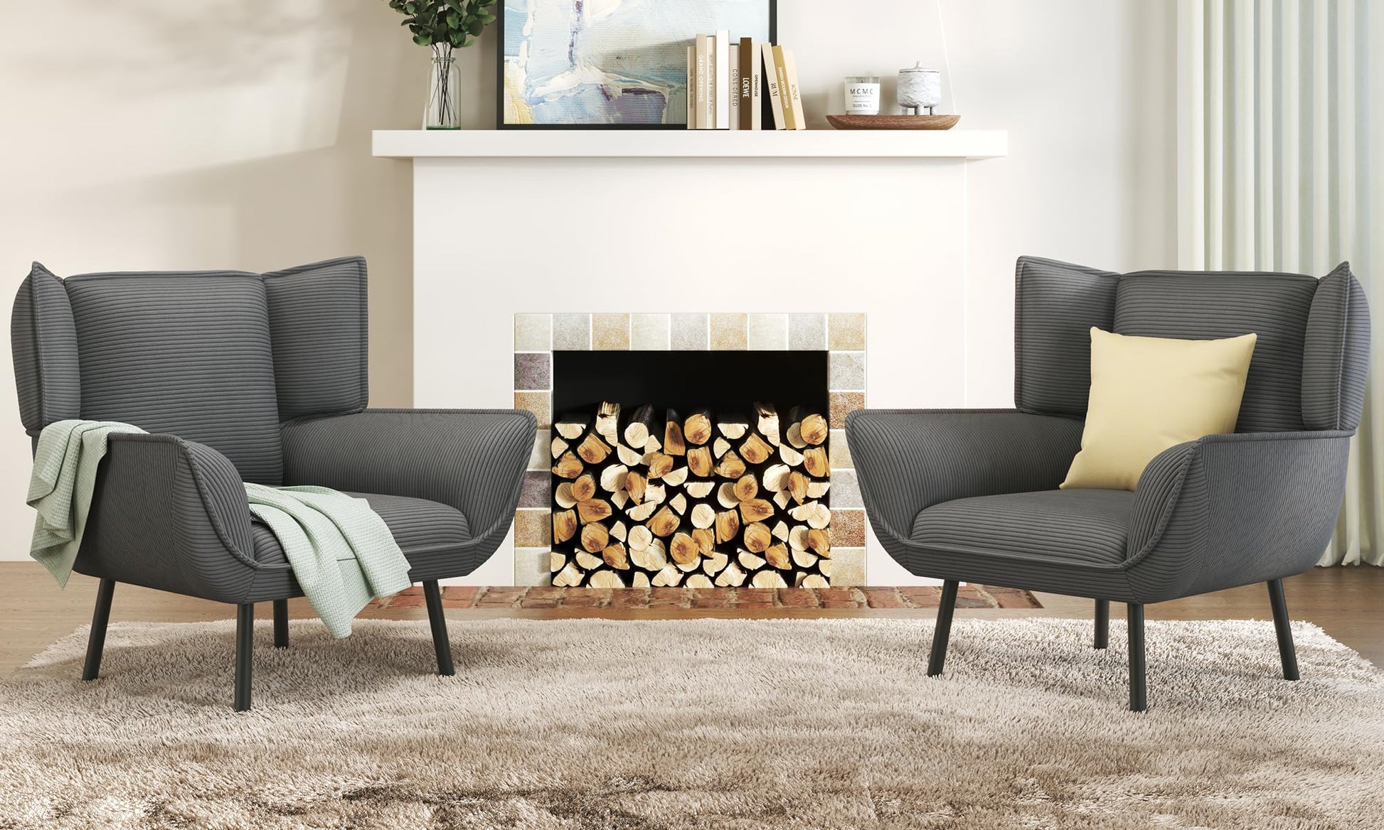 Accent Wingback Corduroy Chair Amerlife set of 2 / Grey