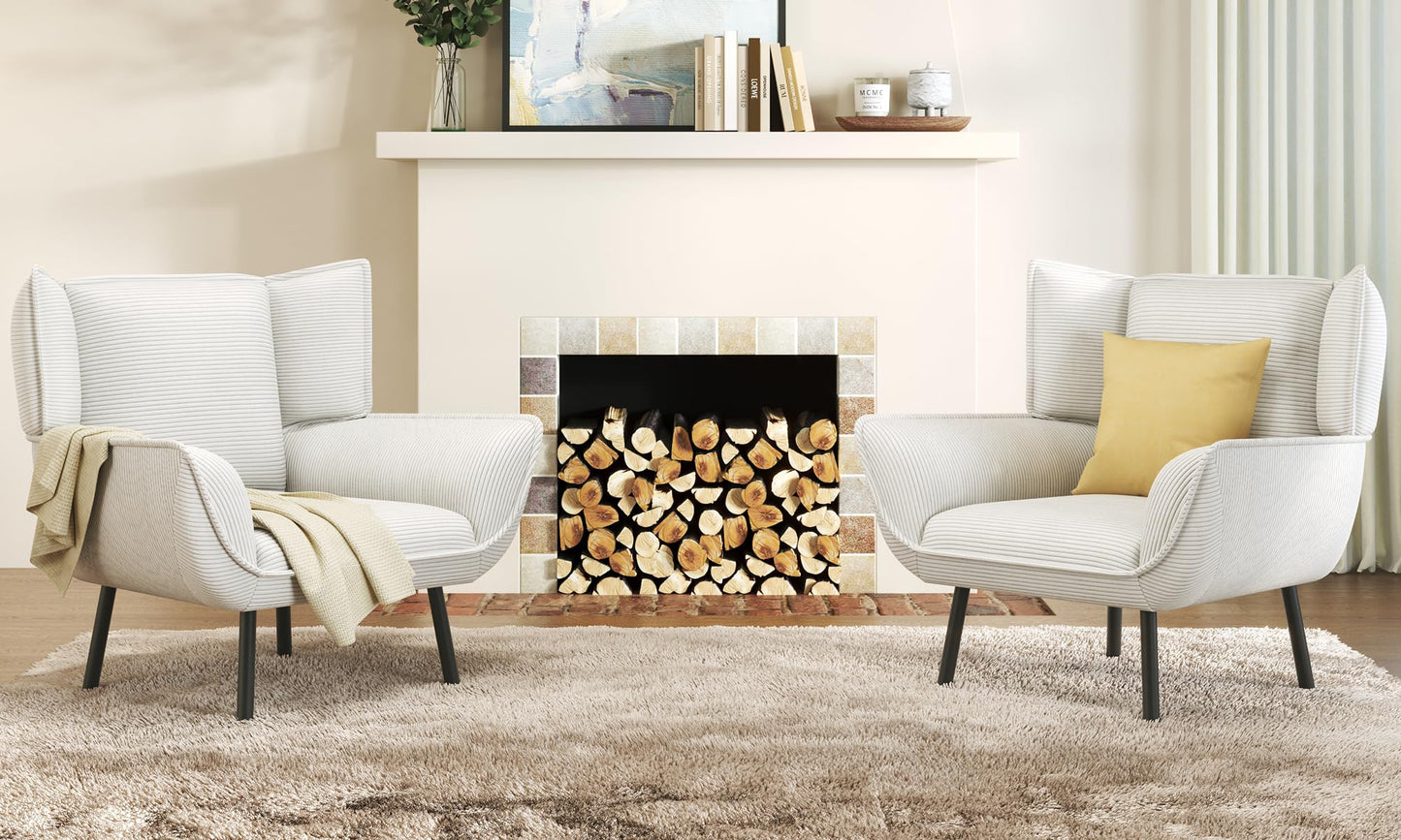 Accent Wingback Corduroy Chair Amerlife set of 2 / White