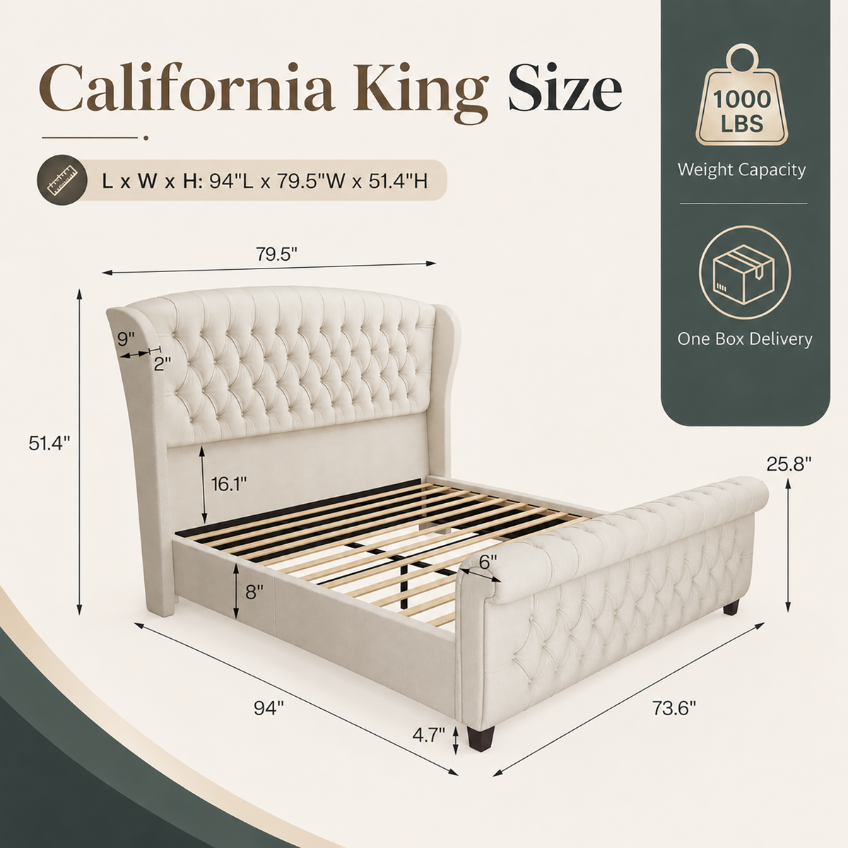 Bruco CaliforniaKing Upholstered Bed Frame-Cream
