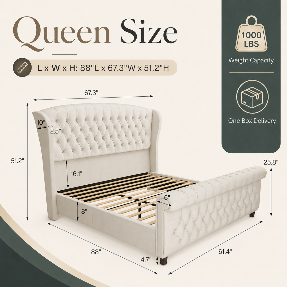 Bruco Queen Upholstered Bed Frame-Cream