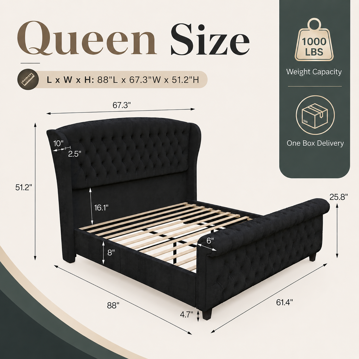 Bruco Queen Upholstered Bed Frame-Black