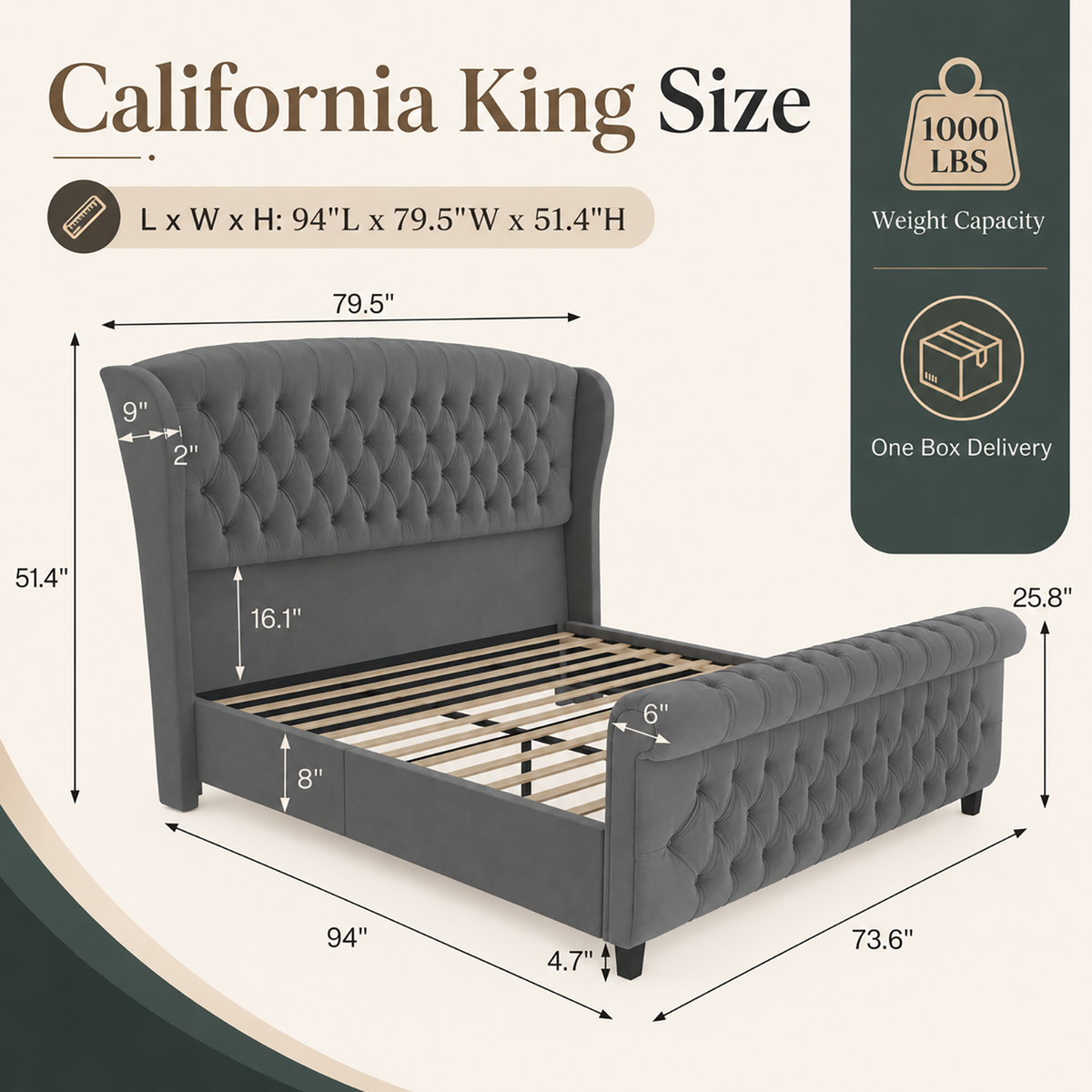 Bruco CaliforniaKing Upholstered Bed Frame-Gray