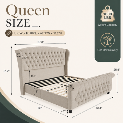 Bruco Queen Upholstered Bed Frame-Khaki