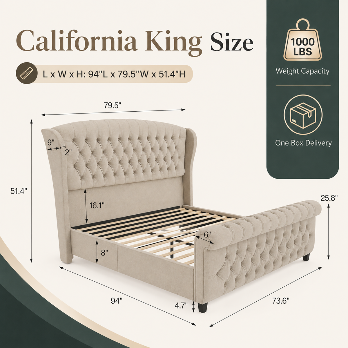 Bruco CaliforniaKing Upholstered Bed Frame-Khaki