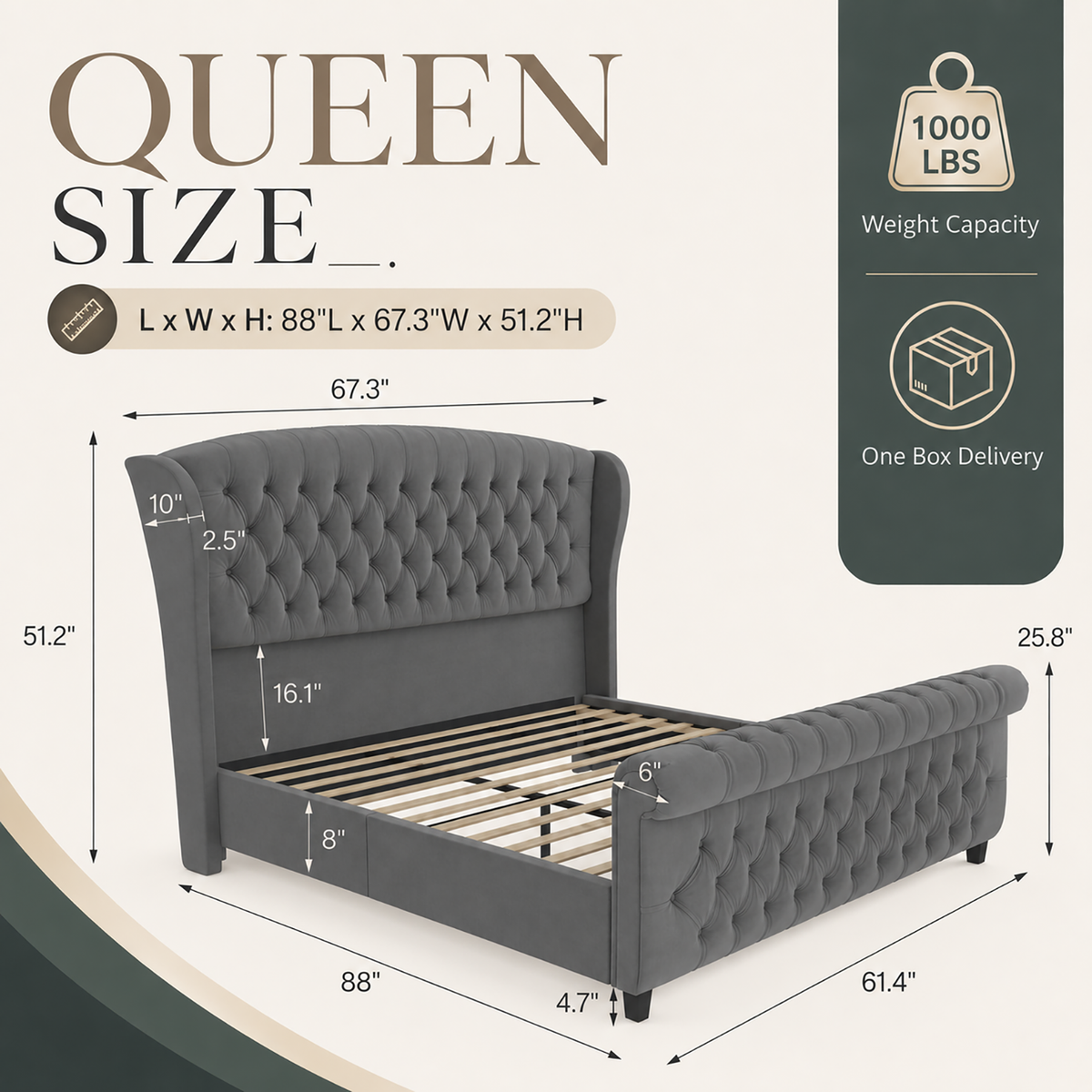 Bruco Queen Upholstered Bed Frame-Gray