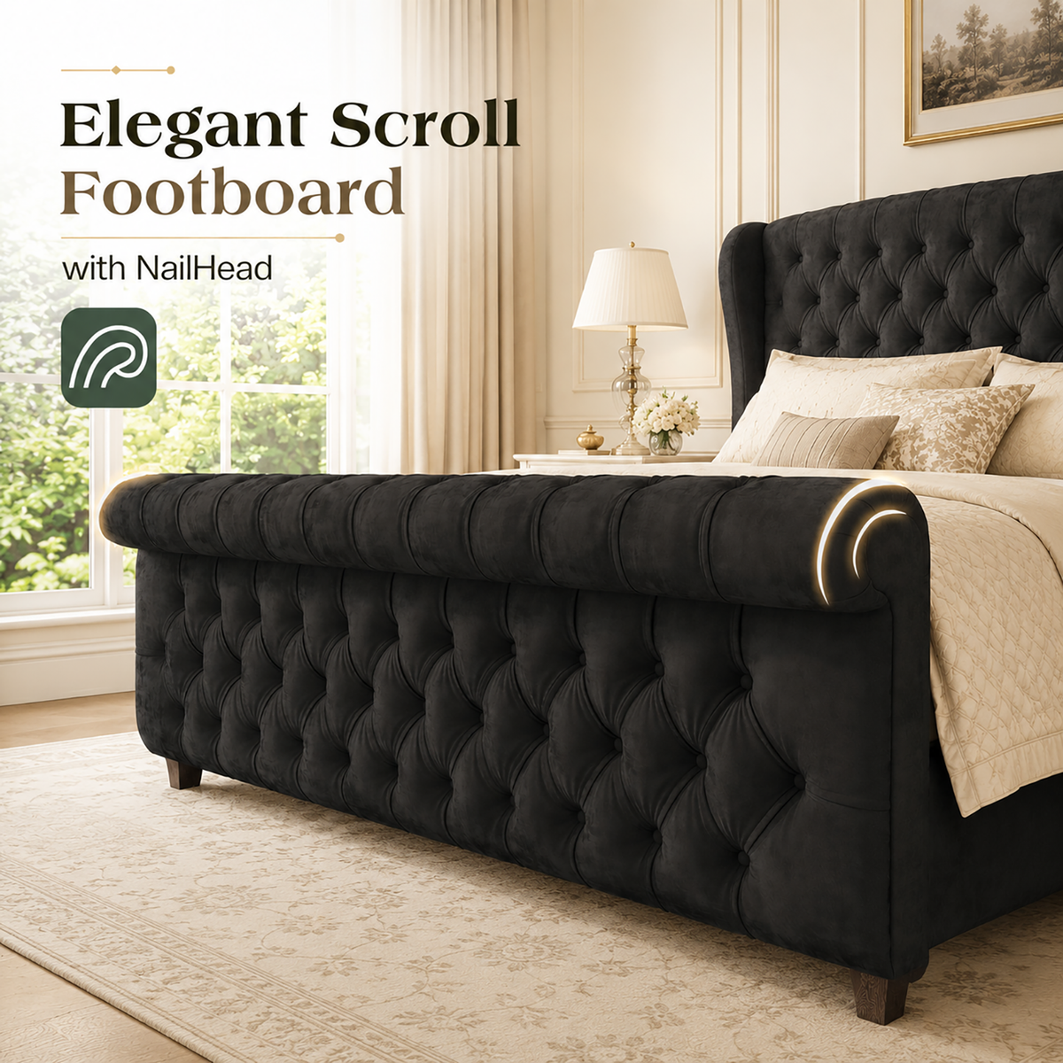 Bruco King Upholstered Sleigh Bed-Black