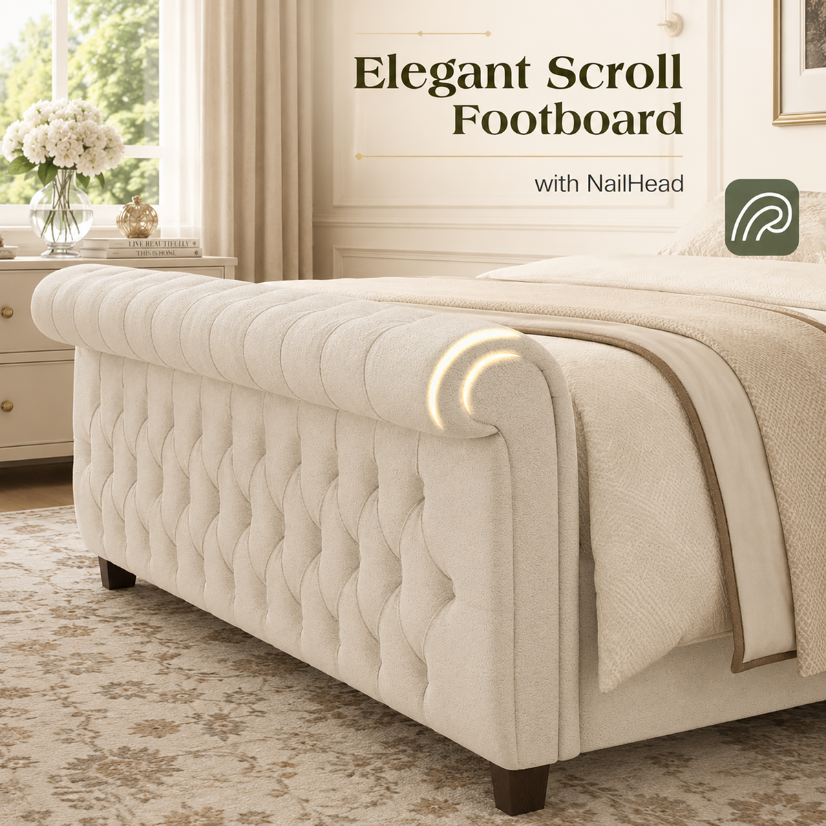 Bruco Queen Upholstered Bed Frame-Cream