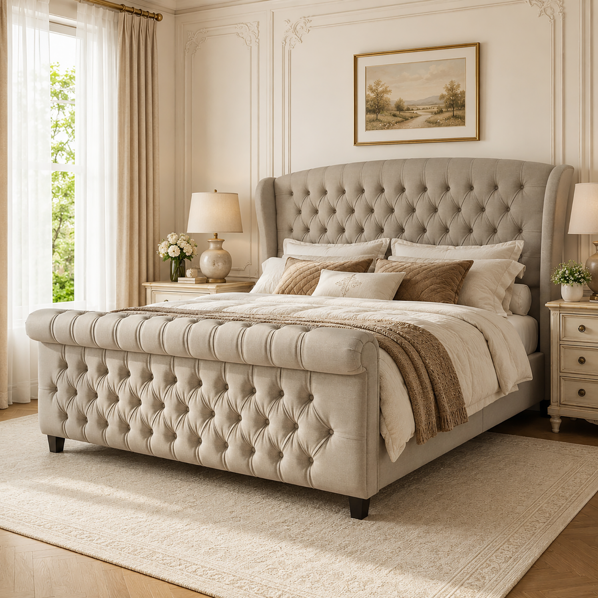 Bruco Queen Upholstered Bed Frame-Khaki
