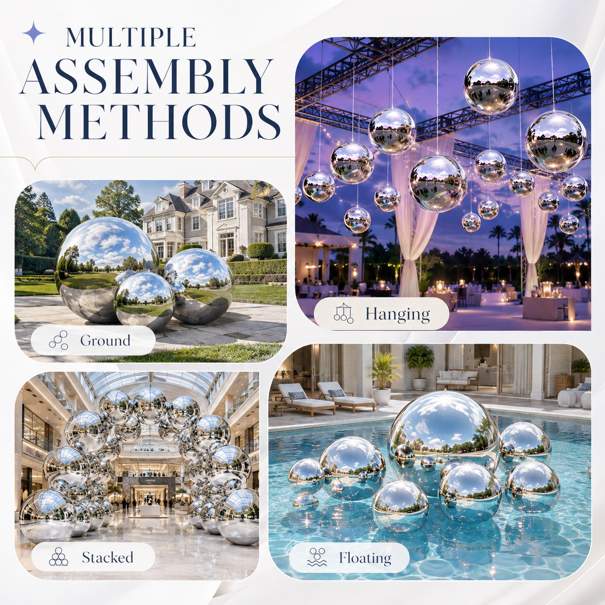 Vibe Reusable Inflatable Mirror Balls for Disco Parties & Events-6PCS-19.7"*2+23.6"+31.5"+47.2"+59.1"-Silver