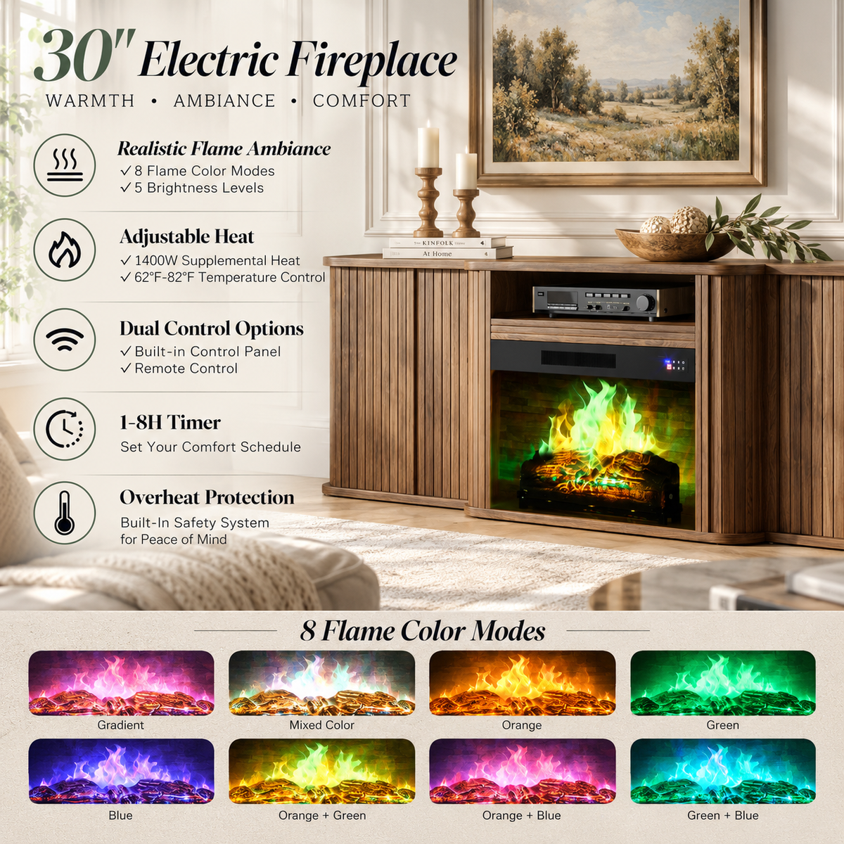 Arden Fluted Electric Fireplace TV Stand-90"-Warm Walnut