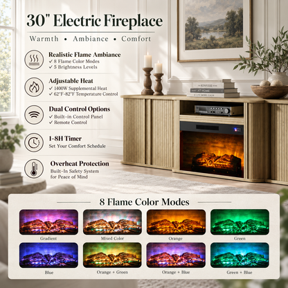 Arden Fluted Electric Fireplace TV Stand-90"-Natural Oak