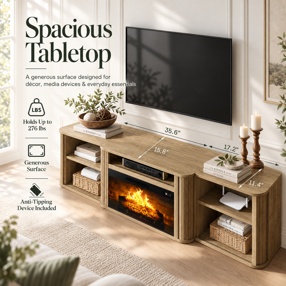 Arden Fluted Electric Fireplace TV Stand-70"-Natural Oak