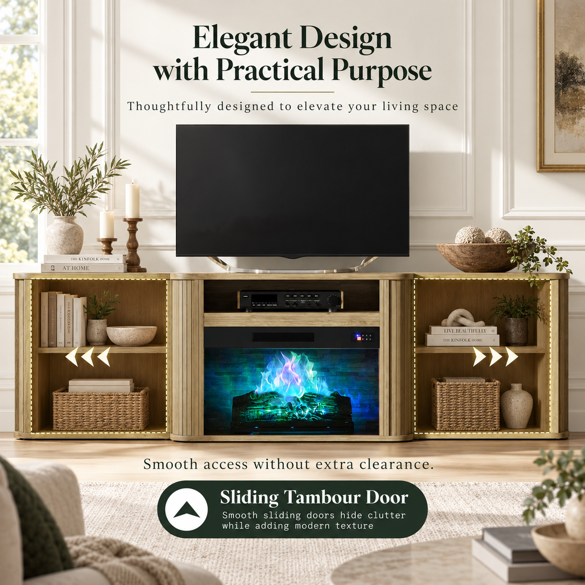 Arden Fluted Electric Fireplace TV Stand-70"-Natural Oak