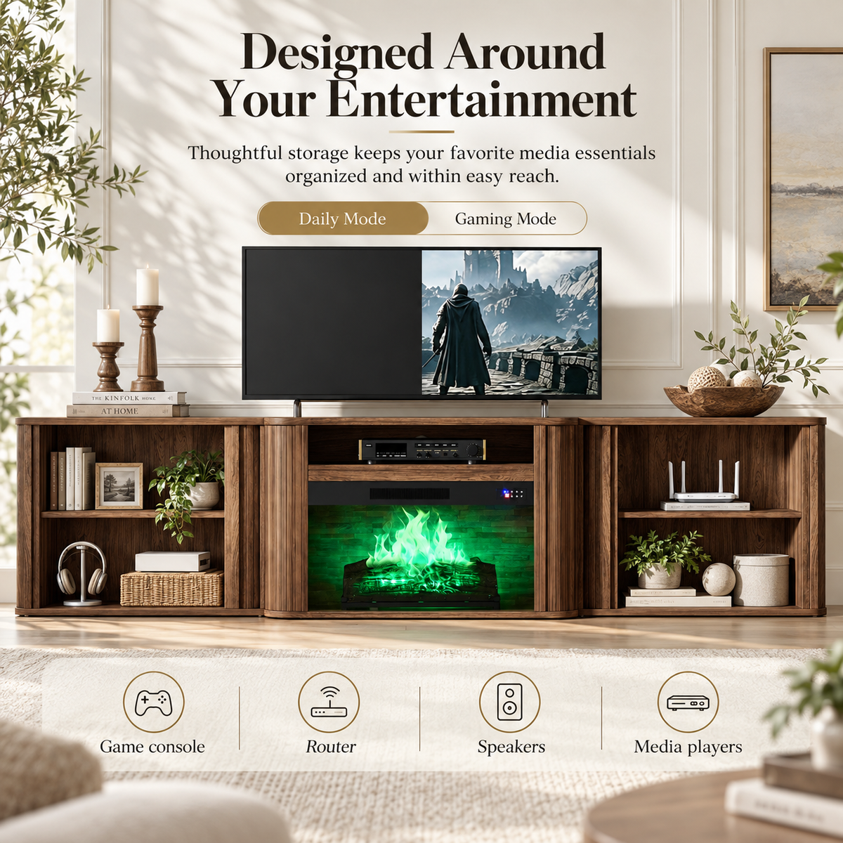 Arden Fluted Electric Fireplace TV Stand-90"-Warm Walnut