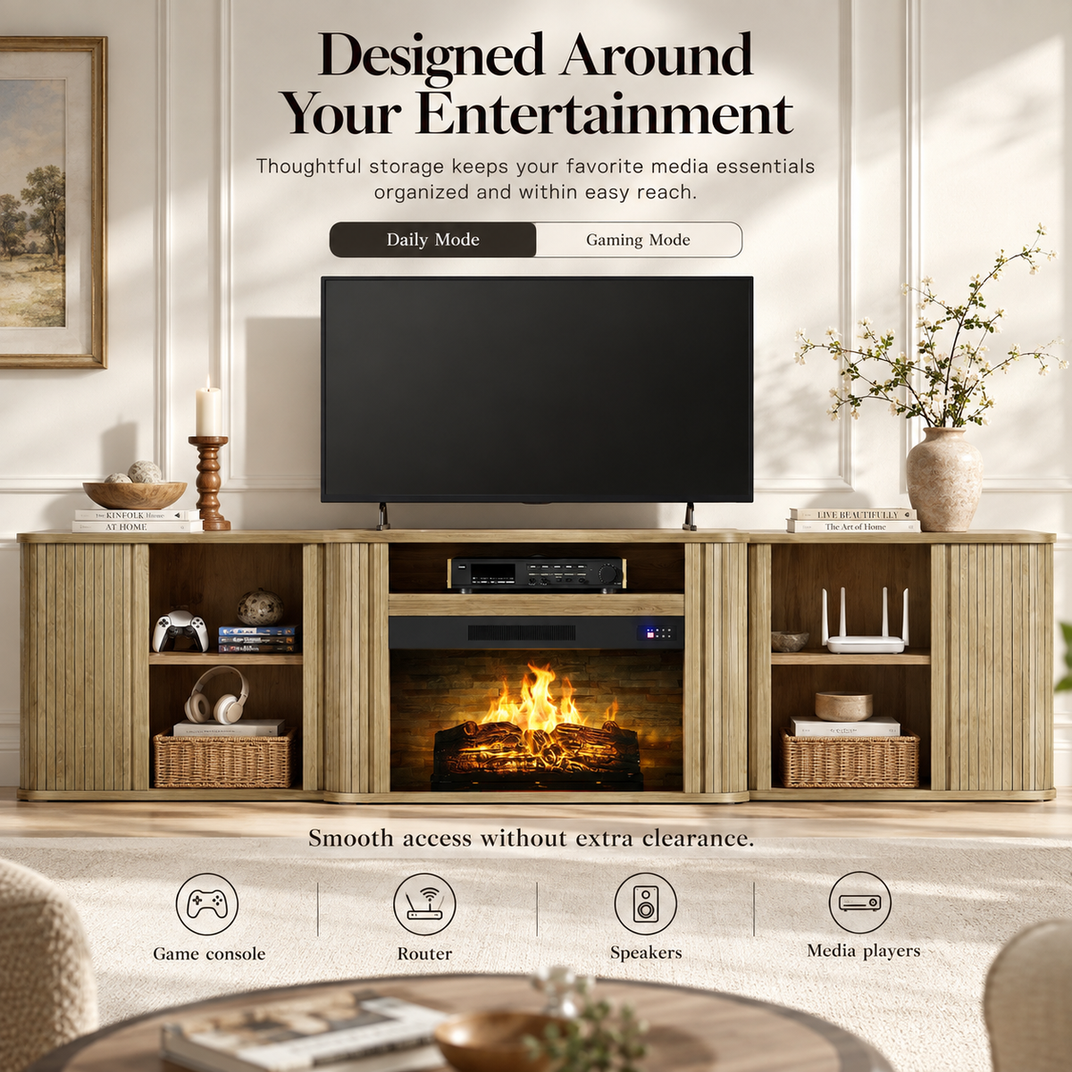 Arden Fluted Electric Fireplace TV Stand-90"-Natural Oak