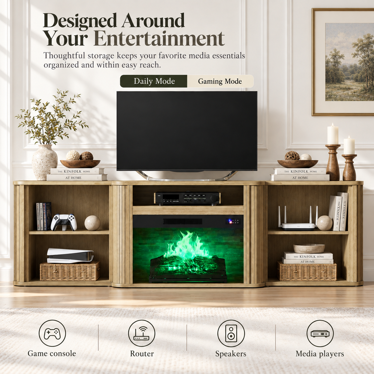 Arden Fluted Electric Fireplace TV Stand-70"-Natural Oak