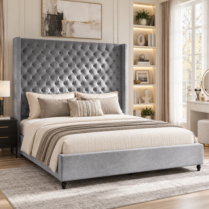 Cush Upholstered Bed Frame with Tall Wingback Headboard-Queen-Grey
