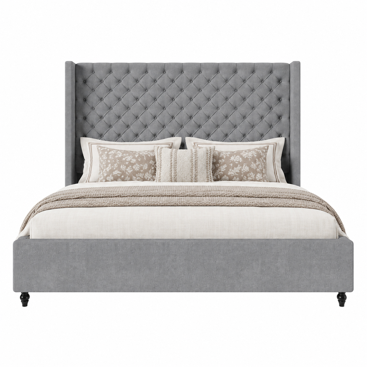 Cush Upholstered Bed Frame with Tall Wingback Headboard-Queen-Grey