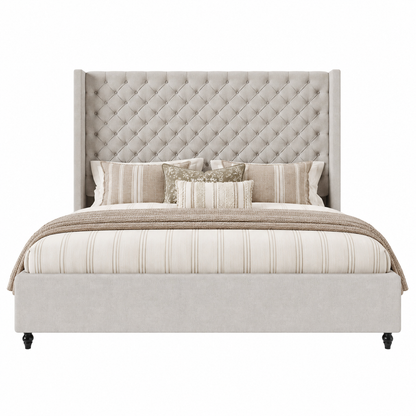 Cush Upholstered Bed Frame with Tall Wingback Headboard-King-Ash White