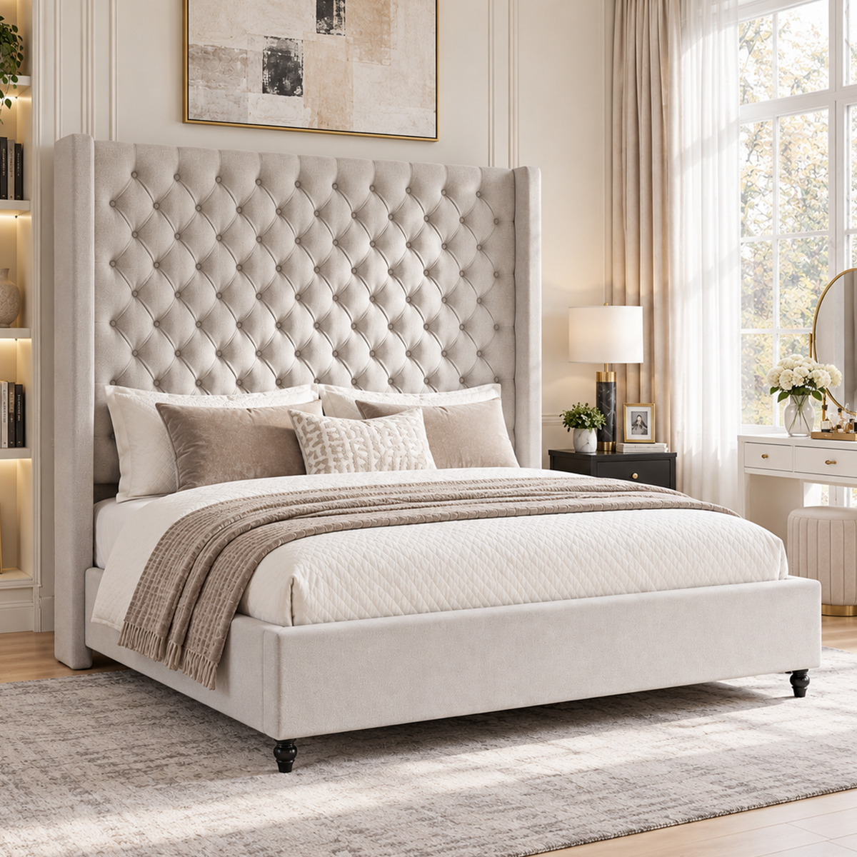 Cush Upholstered Bed Frame with Tall Wingback Headboard-King-Ash White