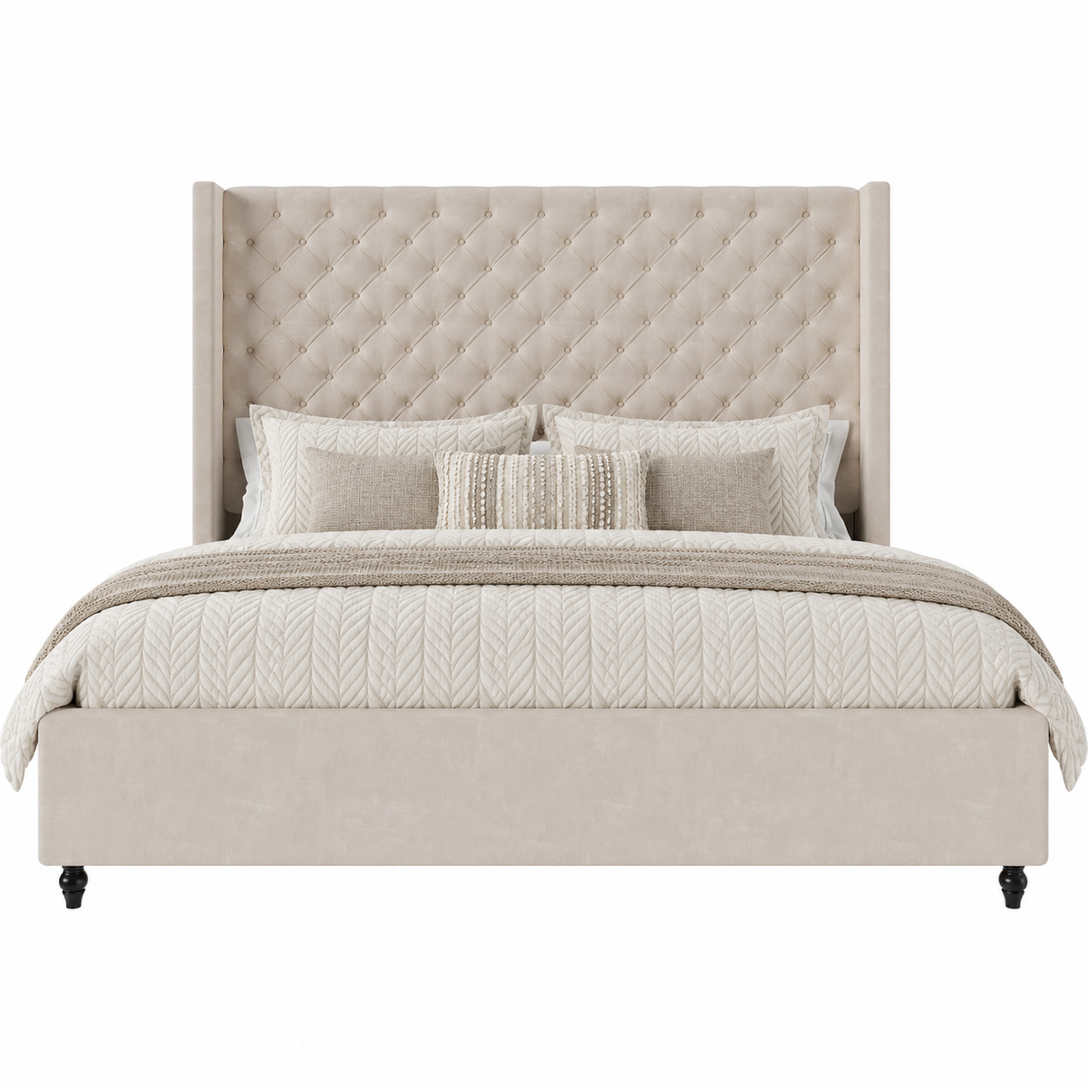 Cush Upholstered Bed Frame with Tall Wingback Headboard-Queen-Cream
