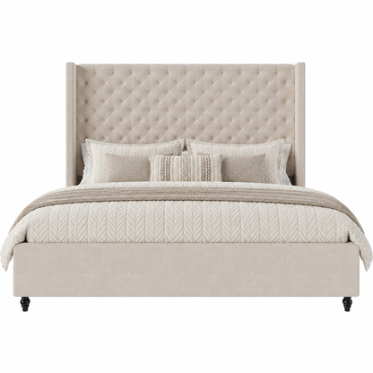 Cush Upholstered Bed Frame with Tall Wingback Headboard-Queen-Cream