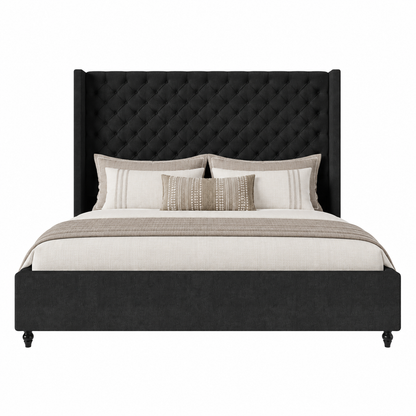 Cush Upholstered Bed Frame with Tall Wingback Headboard-Queen-Black