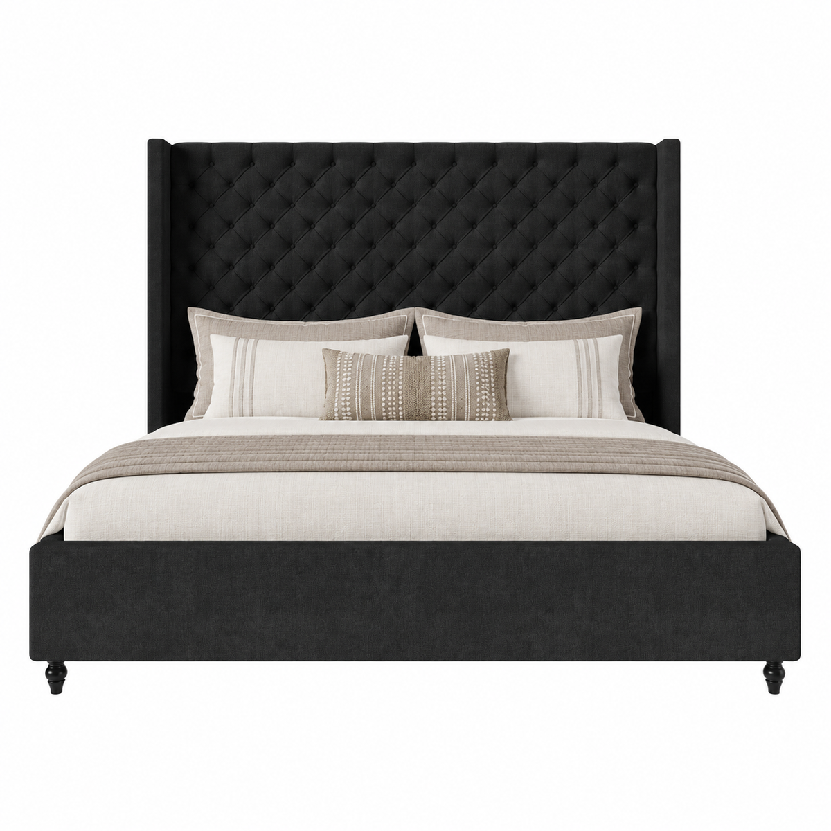 Cush Upholstered Bed Frame with Tall Wingback Headboard-California King-Black