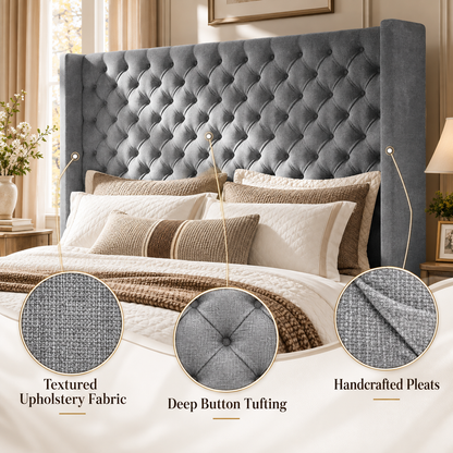Cush Upholstered Bed Frame with Tall Wingback Headboard-Queen-Grey