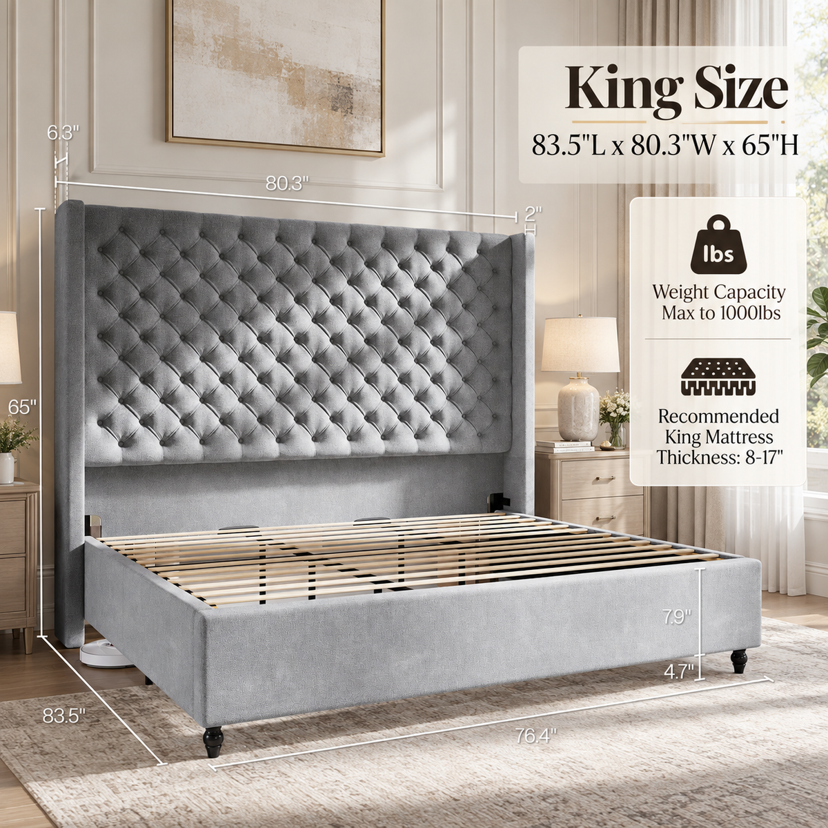 Cush Upholstered Bed Frame with Tall Wingback Headboard-King-Grey