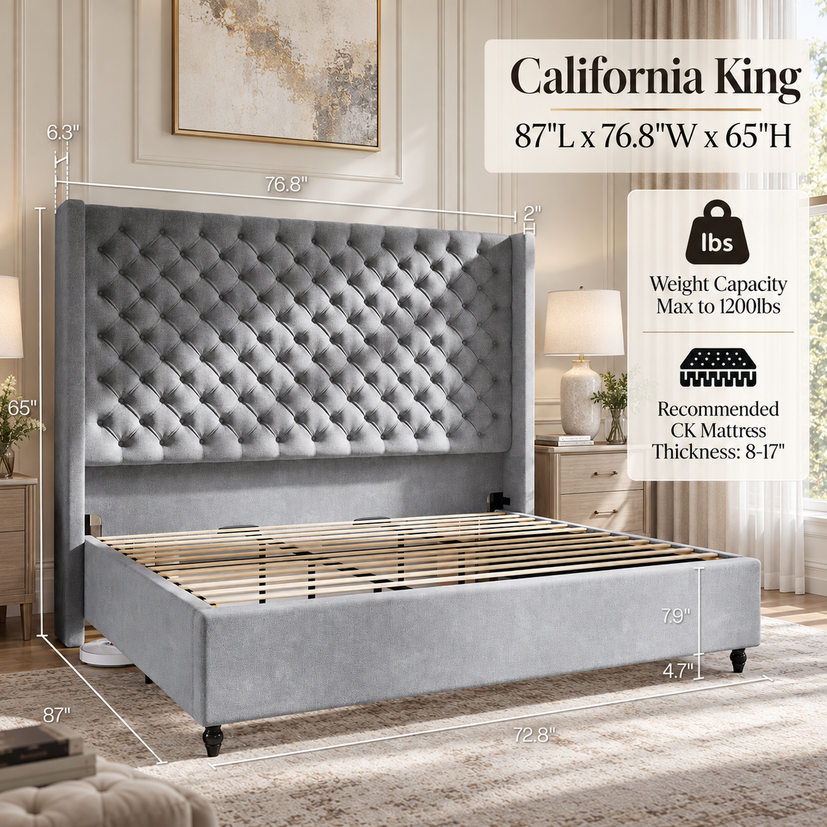 Cush Upholstered Bed Frame with Tall Wingback Headboard-California King-Grey