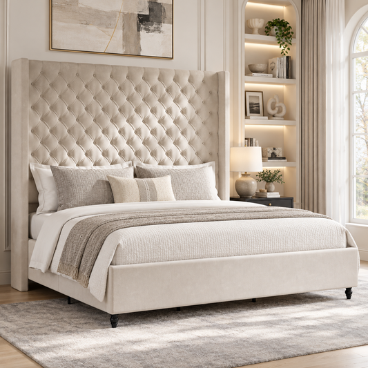 Cush Upholstered Bed Frame with Tall Wingback Headboard-Queen-Cream