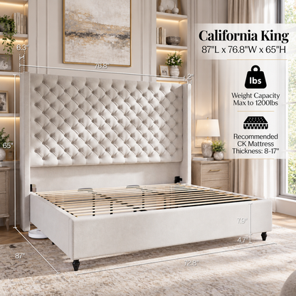 Cush Upholstered Bed Frame with Tall Wingback Headboard-California King-Ash White
