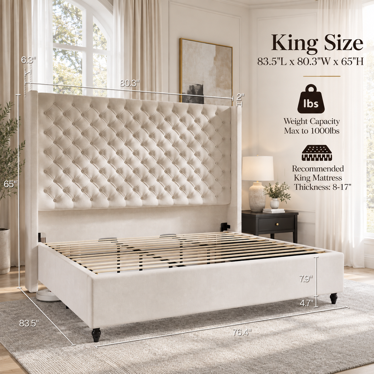 Cush Upholstered Bed Frame with Tall Wingback Headboard-King-Cream