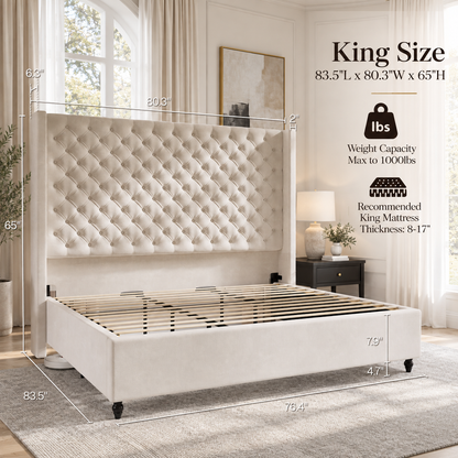Cush Upholstered Bed Frame with Tall Wingback Headboard-King-Cream